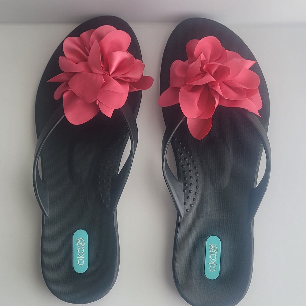 OKA B.  Women's Black Sandals with Pink Floral Accent